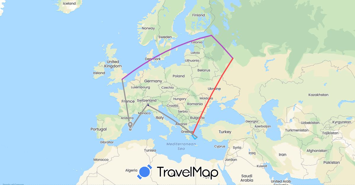 TravelMap itinerary: driving, bus, plane, train, hiking, boat in Spain, United Kingdom, Greece, Italy, Russia (Europe)